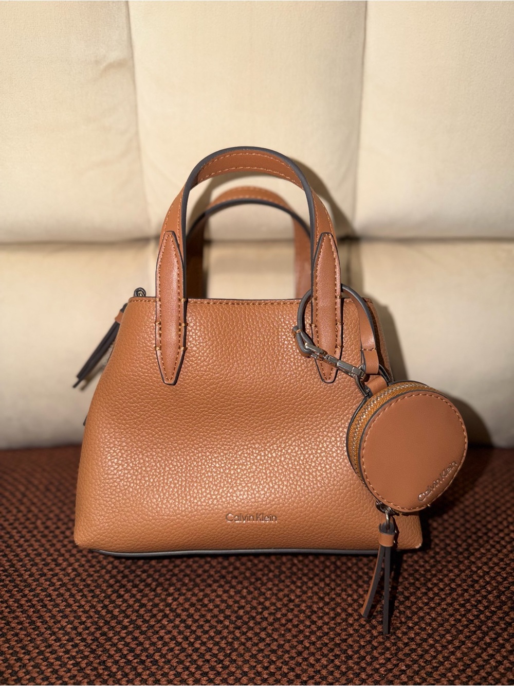 Calvin Klein Caramel Tan Pebbled Leather Mini Satchel with Coin Pouch